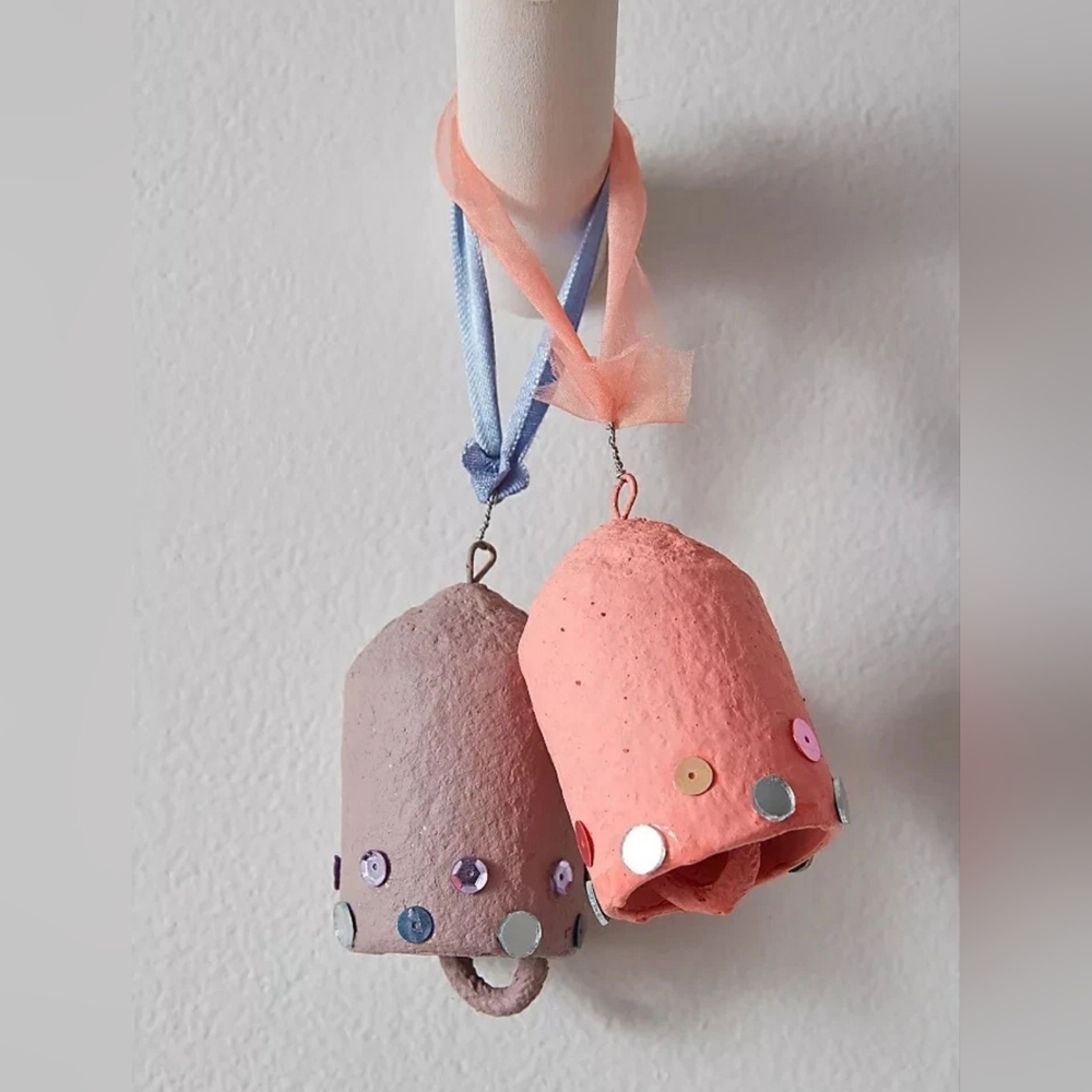 Free People Mirror Bell Ornaments Pair Artisan Handmade Paper-Mache